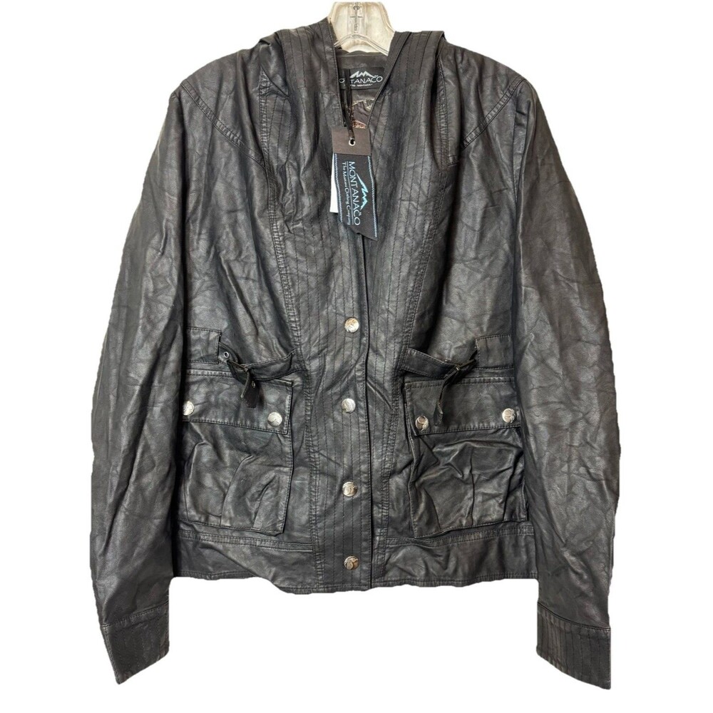 MontanaCo Faux Black Leather Hooded Jacket Buckle Lightweight Women’s M NWT